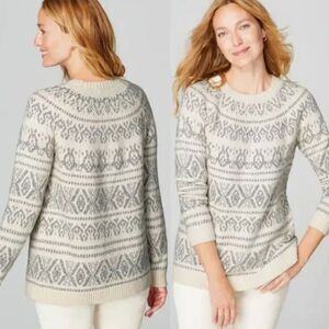 J. Jill Fair Isle Cable Knit Sweater Gray White Soft Barley Pullover Winter Cozy